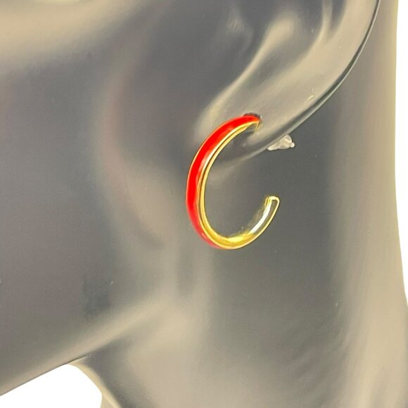 **Red and Gold Tone Enamel C Hoop Earrings - Picture 3 of 10